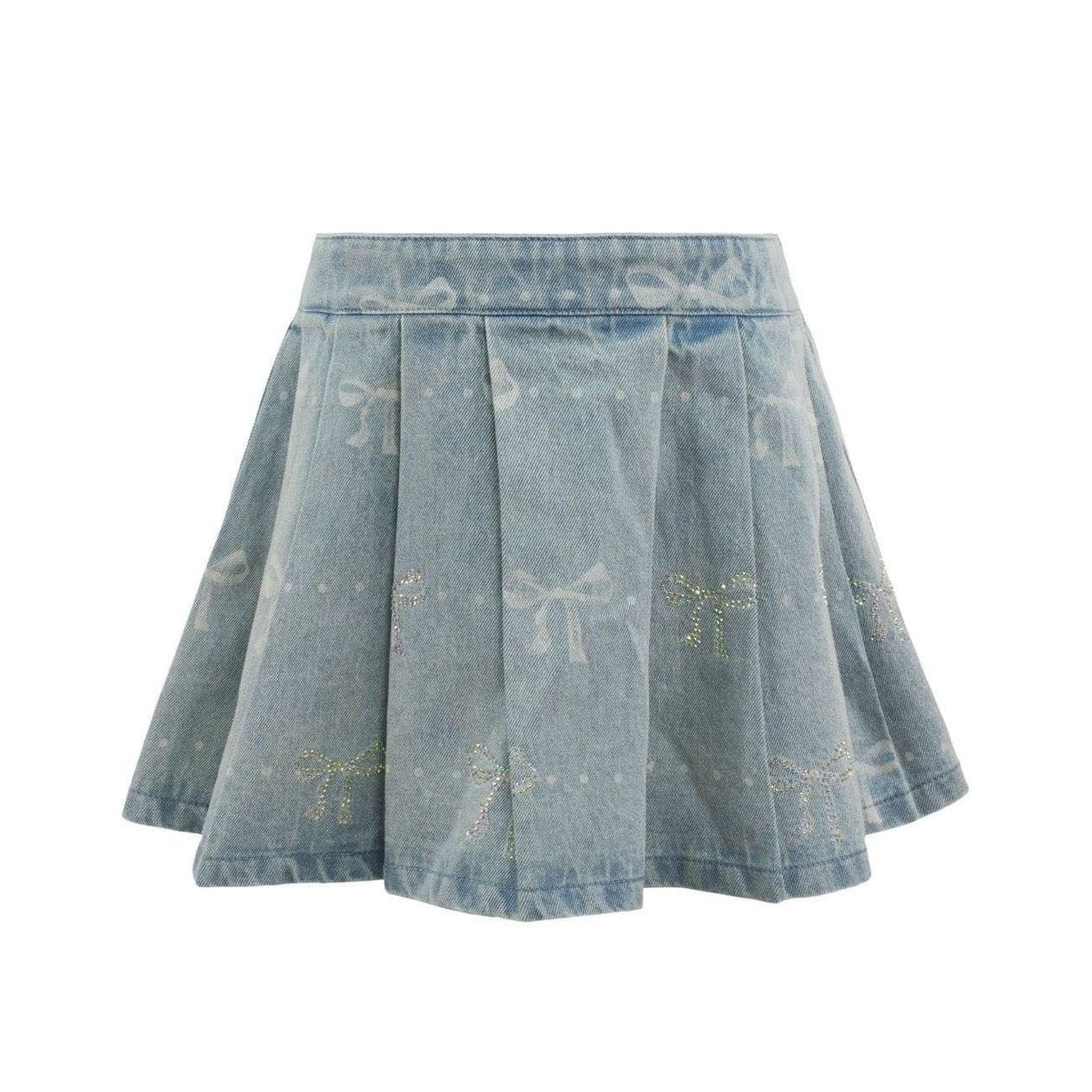 Sparkle Bows Denim Pleated Skirt