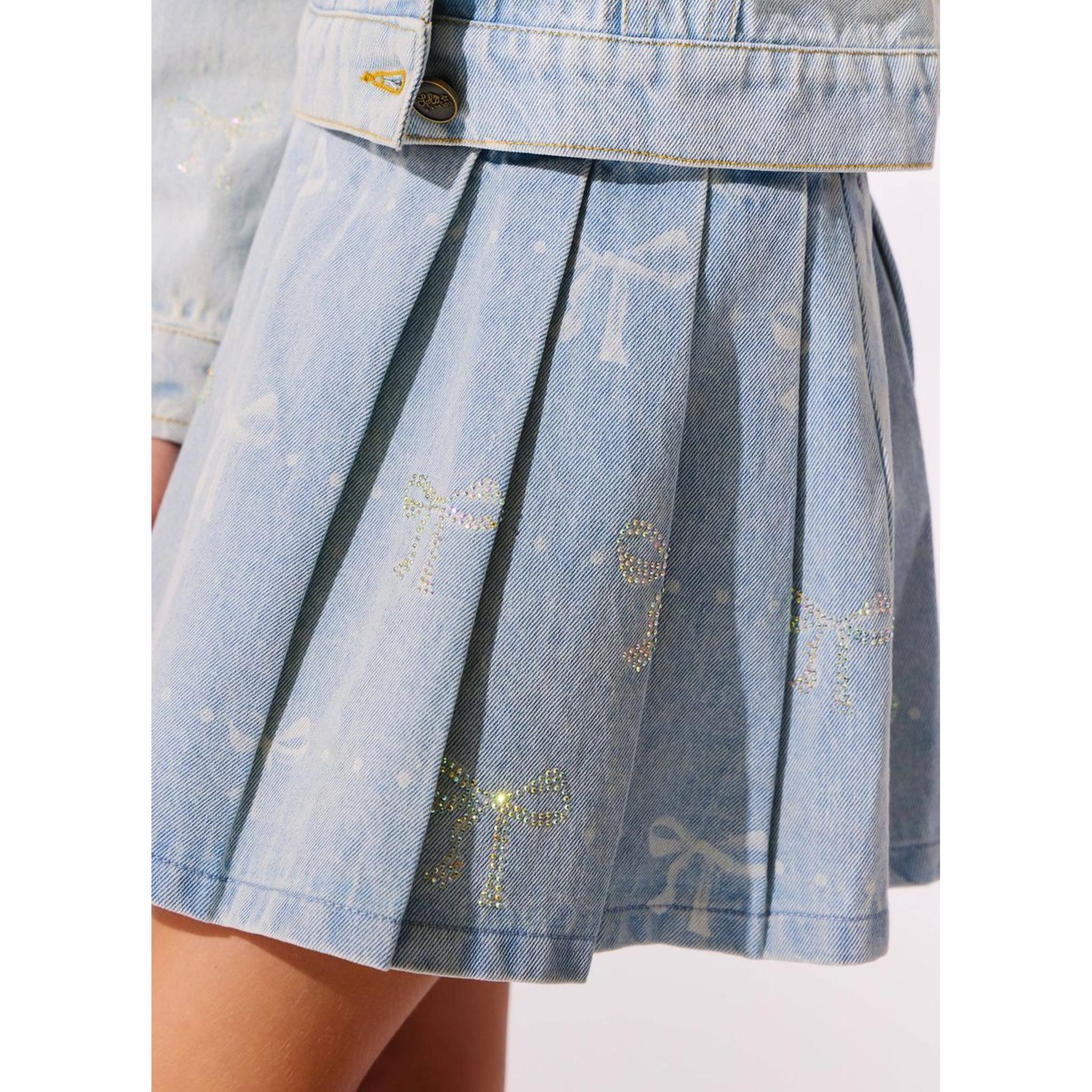 Sparkle Bows Denim Pleated Skirt