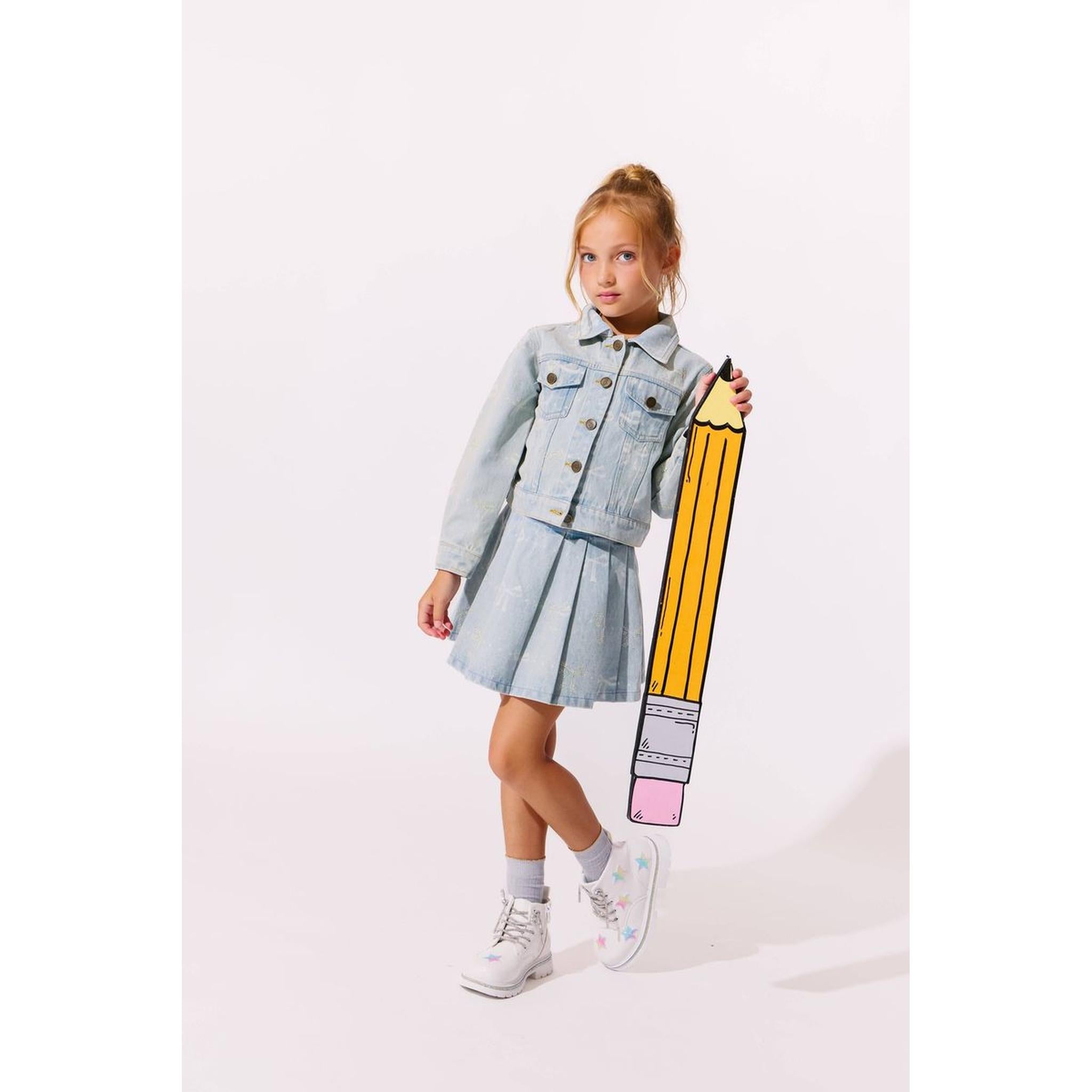 Sparkle Bows Denim Pleated Skirt