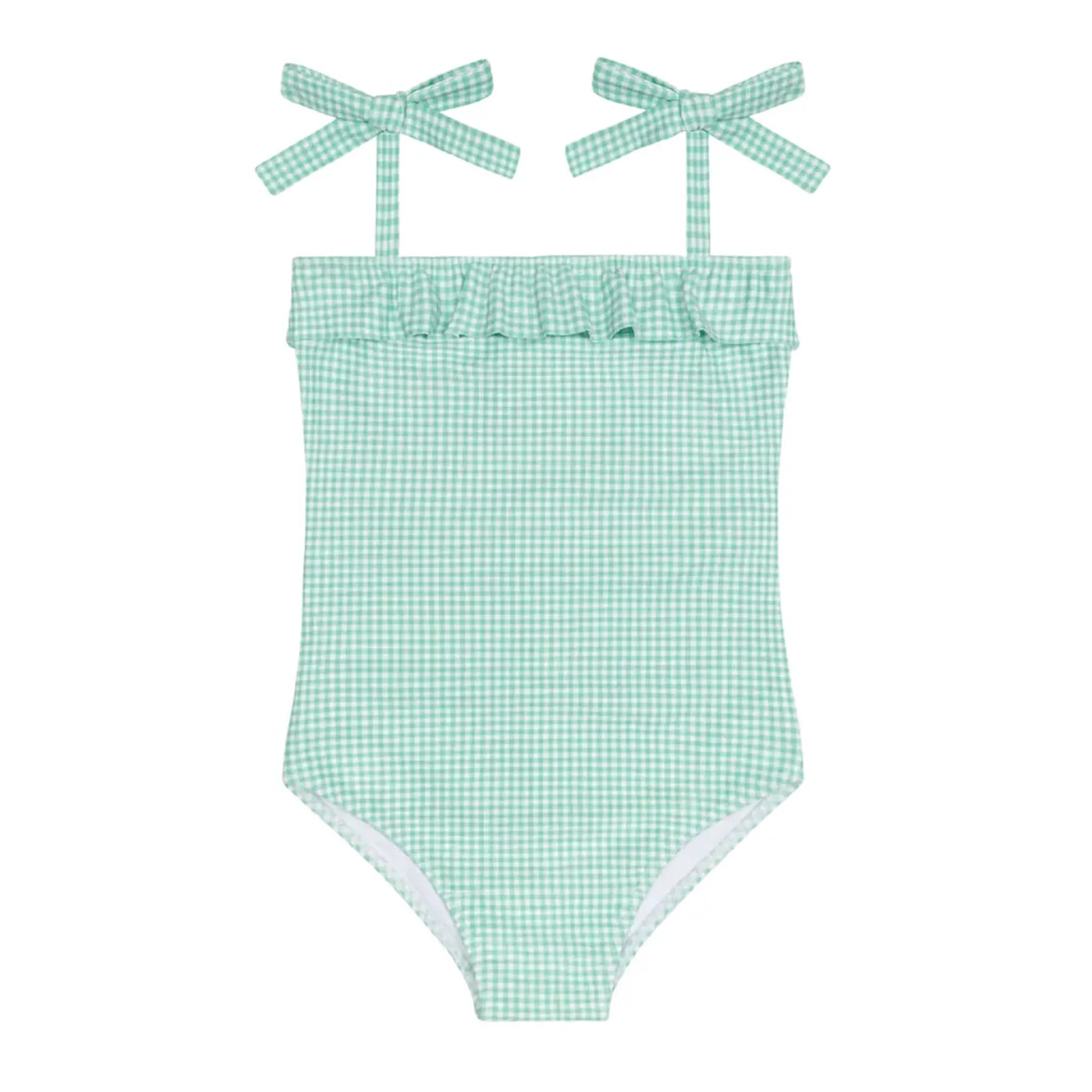 girls gustavia gingham ruffle front tie strap one piece