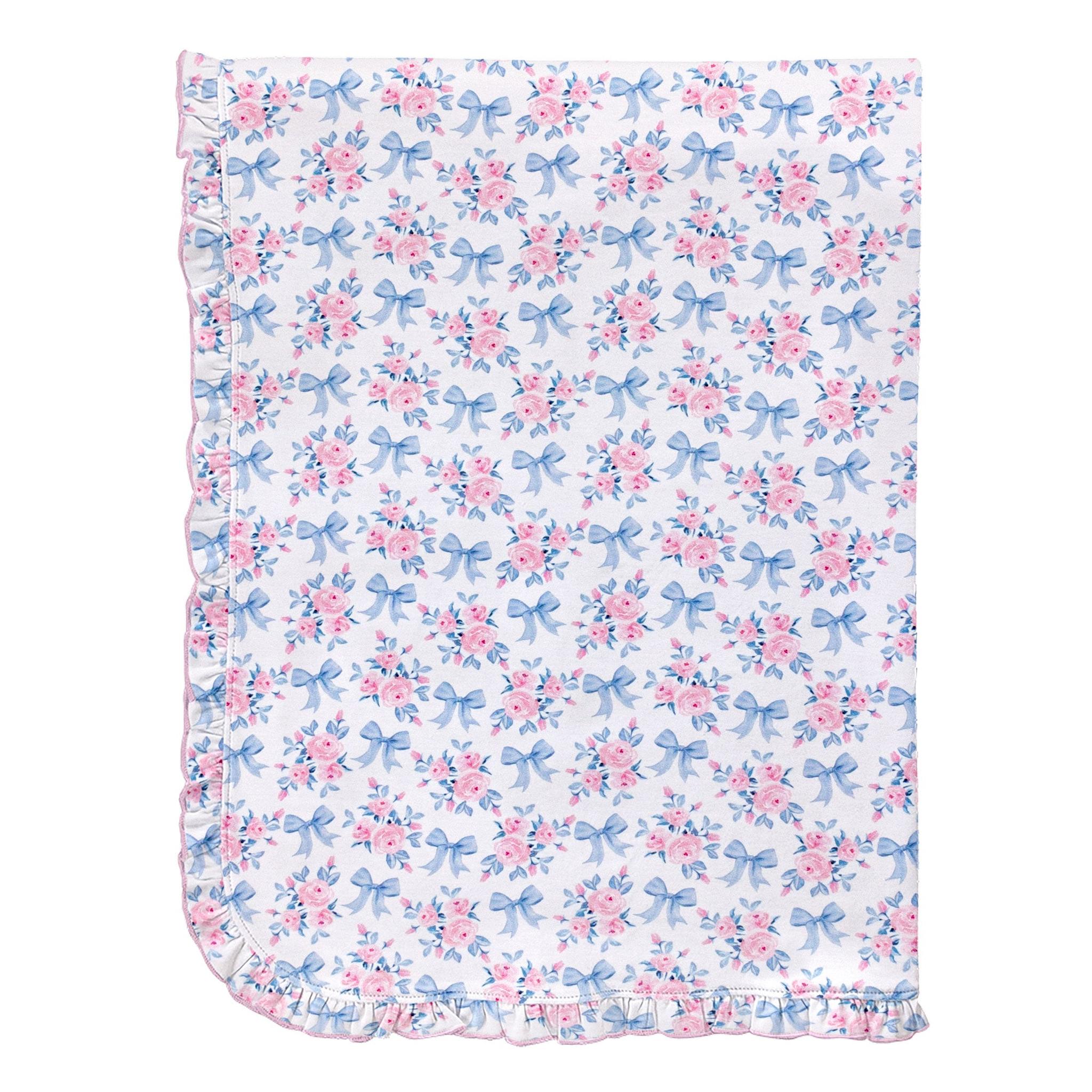 Blue Floral Bow Receiving Blanket