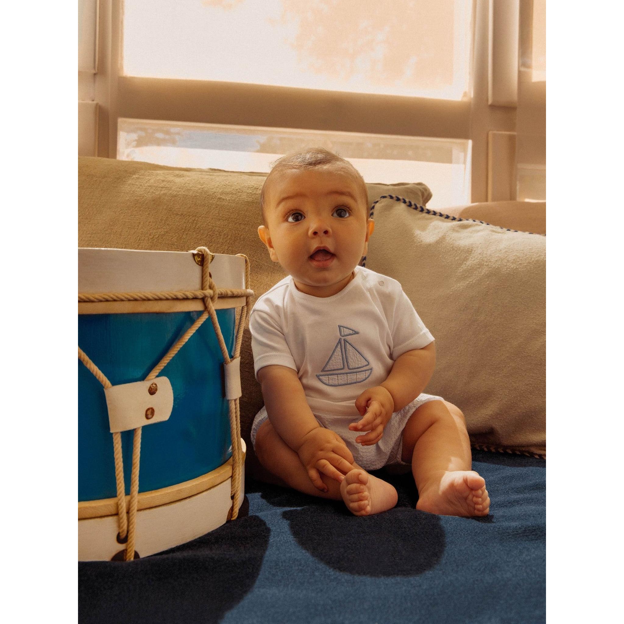 Two-piece set striped and embroidered seersucker