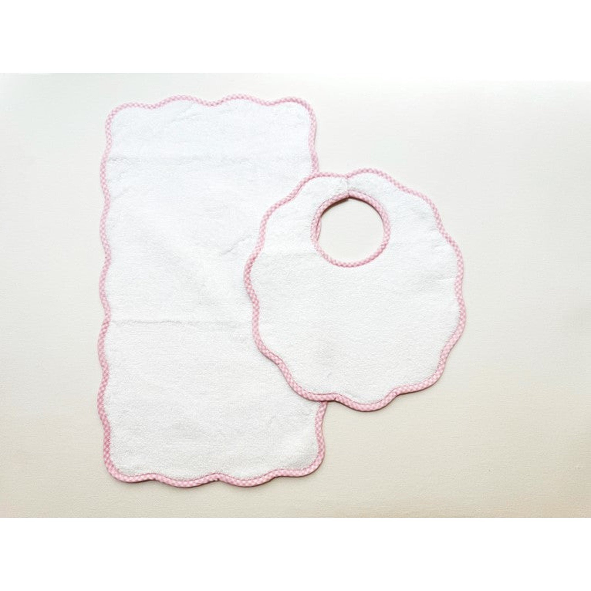 Bib & Burp Set - pink gingham scalloped edge