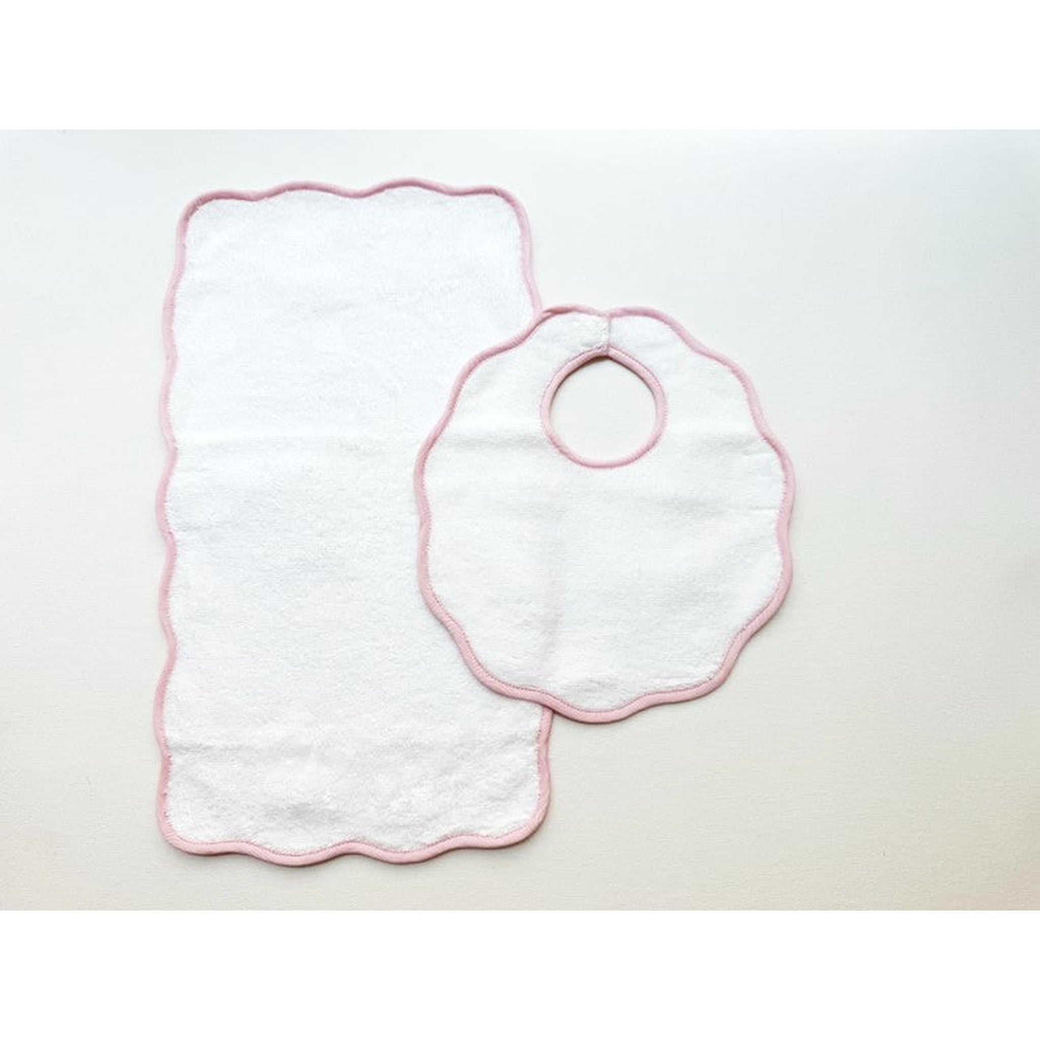 Bib & Burp Set - pink stripe scalloped edge