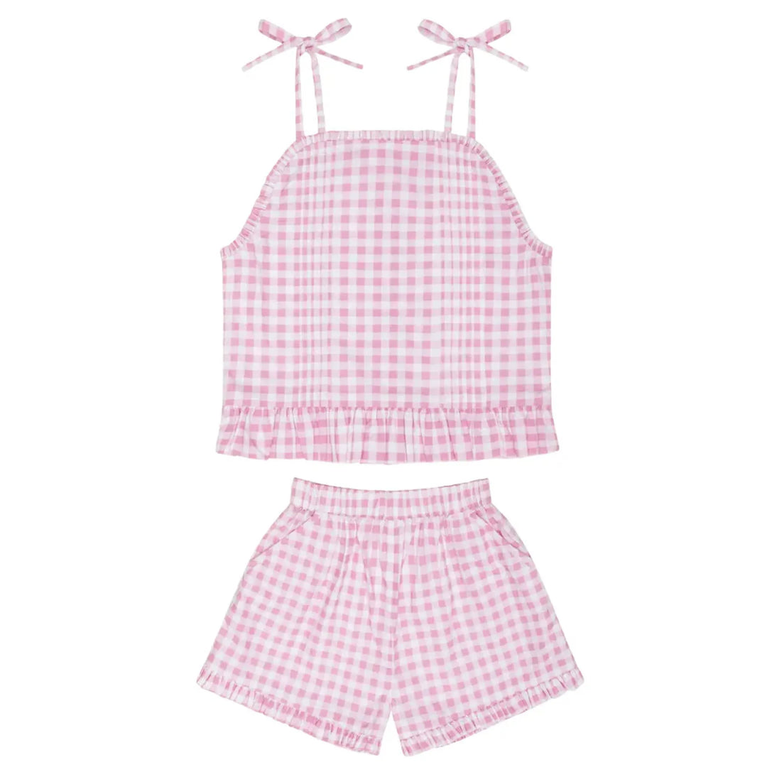 girls blush gingham tie tank and short set